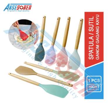 Aksesoren Spatula Pipih Silikon Ganom 1 Pcs / Sutil Anti Lengket / Sodet Gagang Kayu Tahan Panas / U