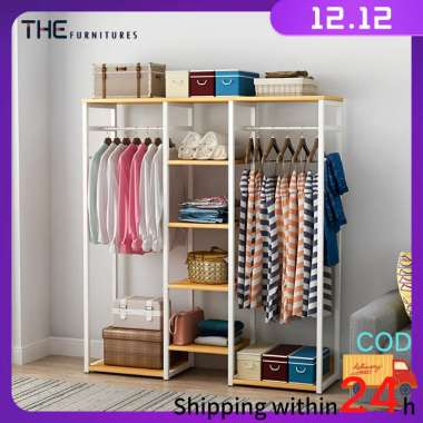Rak Gantungan Baju Besi Terbuka-Rak Kayu 60×30×140cm