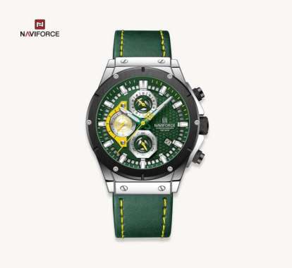 Jam Tangan Pria Naviforce 8027 Original Tali Kulit silver hijau
