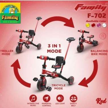 Sepeda tricycle family anak balance bike stroller 3 in 1 multifungsi ada seatbelt musik dan lampu hi