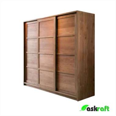 Askraft Lemari Pakaian Baju Kayu Jati Asli Pintu 2 & 3 Sliding Pintu 3
