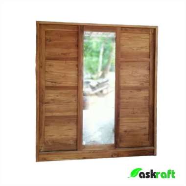 Askraft Lemari Pakaian Baju Kayu Jati Asli Pintu 2 & 3 Sliding Pintu 3 Kaca