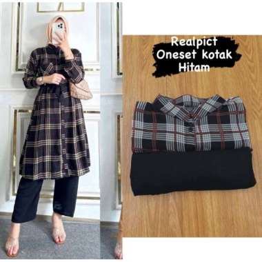 One Set Kotak Setelan Wanita Casual Celana Panjang Tunik Kancing Depan hITAM