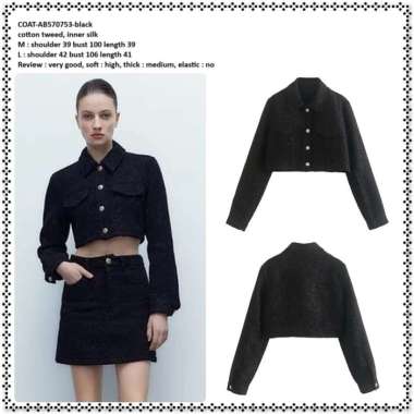AB570753 Crop Coat Cardigan Jaket Jacket Katun Tweed Wanita Korea Import Hitam Black