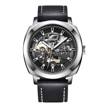 Jam Tangan Pria Benyar BY-5121LE-SLVBLK Automatic Skeleton Dial Black Leather Strap