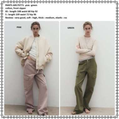 AB170771 Celana Panjang Kulot Kargo Cargo Denim Wanita Korea Import Hijau Army Green Pink