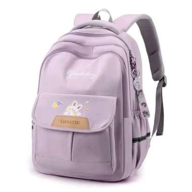 tas sekolah anak perempuan tas gambar kelinci tas anak sd smp - Hitam Ungu