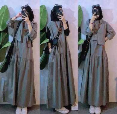 Bianca Set - Baju set Gamis + outer _ Gamis set linen Rami - Set Remaja GREY