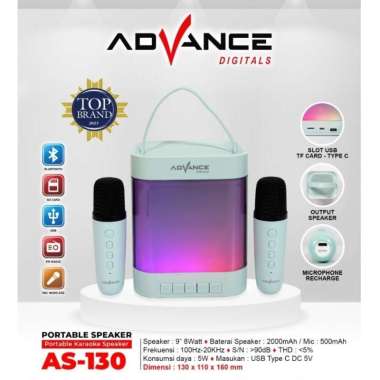 Advance Speaker AS-130 Speaker Portable Karaoke Bluetooth Free 2 Mic V2 Blue