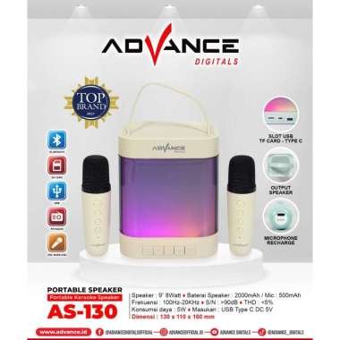 Advance Speaker AS-130 Speaker Portable Karaoke Bluetooth Free 2 Mic V2 White