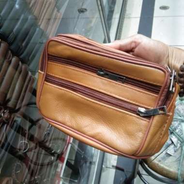 tas slempang kulit asli pria - tan, 10 cm Orange