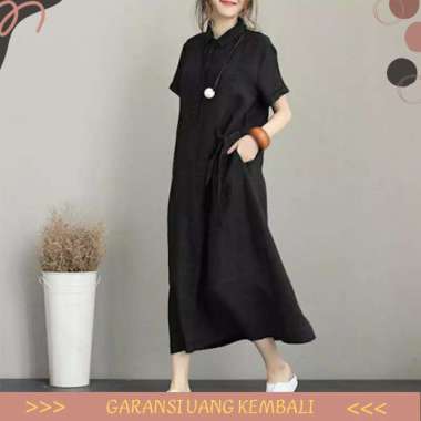 Rexi Midi Dress Wanita Korea Bahan Linen Kancing Hidup LD 102 CM - Hitam Hitam