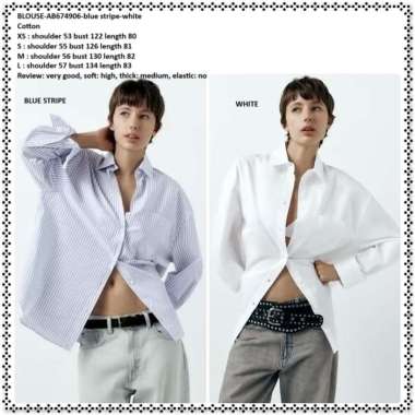 AB674906 Baju Atasan Kerja Kemeja Lengan Panjang Garis Biru Putih Polos Wanita Korea Import Oversize