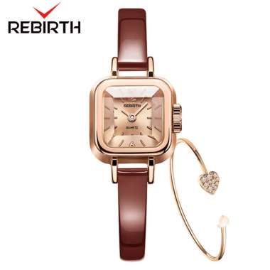 REBIRTH Jam Tangan Wanita Korea Antik Klasik Kulit Persegi Jam Tangan Cewek Brown