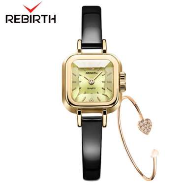 REBIRTH Jam Tangan Wanita Korea Antik Klasik Kulit Persegi Jam Tangan Cewek Black