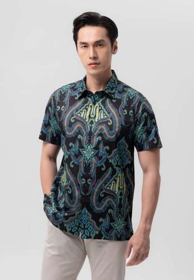 MANZONE - Kemeja Batik Lengan Pendek Ghautama Modern Fit - Black Black_Mix S