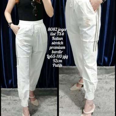 8082 Celana Joger Wanita Korean Style/Celana Joger Katun List TS Wanita Stretch/Jogger putih