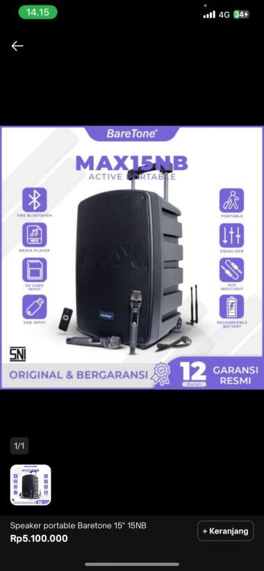 Speaker portable Baretone 15 inch “ 15NB