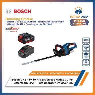 Bosch GHE 18V-60 Brushless Pemotong Tanaman + Baterai 18V 4Ah + Fast Charger 18V GAL 1880 06008C9000