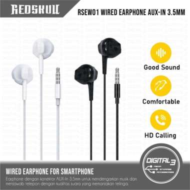 REDSKULL RSEW01 Headset Kabel In-Ear Wired Earphone AUX 3.5mm Deep Bass HD Sound Mic Call Putih