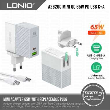 LDNIO A2620C Mini Adapter Wall Charger 65W Dual Port USB-A Type-C Replaceable Plug EU UK US Fast Cha