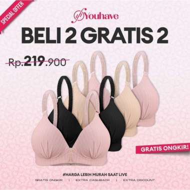 YOUHAVE PAKET HEMAT 2PCS BRA GRATIS 2PCS BRA Busa Tipis Tanpa Kawat Katun Jepang Seksi Cup B C Kait 