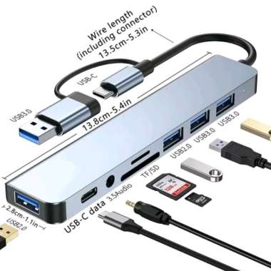 SKU-1951 USB HUB TYPE C COMBO 8IN1 USB 4 PORT HUB + SD + TF CARD READER + TYPE C + AUDIO 3.5 TIPE C 