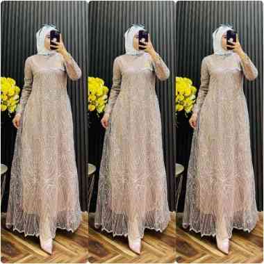 GAMIS BROKAT TILE PREMIUM MODEL TERBARU GAMIS BURKAT PESTA CANTIK BANGET Ld120cm (Jumbo) Krem