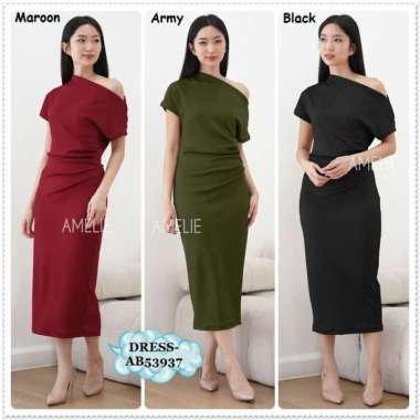 AB53937 Long Dress Gaun Pesta Malam Natal Sabrina Off Shoulder Bodycon Rajut Knit Wanita Korea Impor