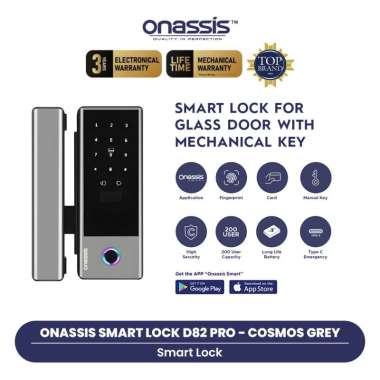 Onassis Smart Lock D82 Pro for Glass Door with Key Cosmos Grey