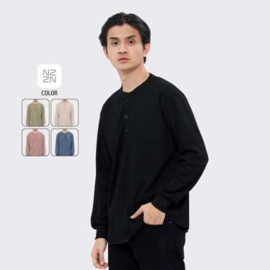 Nawla - Baju Atasan Pria Lengan Panjang Bahan Waffle Knit Shirt Warna Denim Khaki Sage Hitam Khaki M