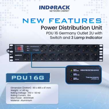 INDORACK Stop Kontak 16 Lubang PDU16G Power Distribution Unit Germany Colokan 16 Slot Colokan Listri