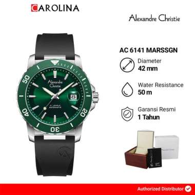 Jam Tangan Pria Alexandre Christie Automatic AC 6141 MARSSGN Green Dial Black Rubber Strap