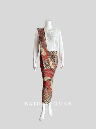 SARINAH Rok Batik Warna Red Gold Cream Model Span Instan Resleting Bahan Katun Halus Berselendang L