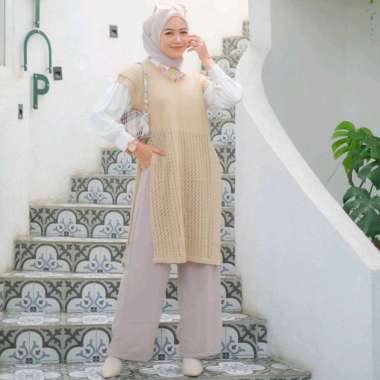 PUSSAT Ginela Cardigan Knit Rajut Vest Outer Jaring Belah Samping Ruby Tunik Rajut Rompi Atasan Wani
