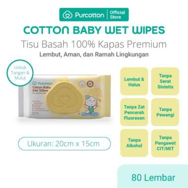 PURCOTTON - Natural Baby Cotton Wet Wipes Tissue Lembar Tisu Basah Bayi Lembut Sekali Pakai 65 gsm 1