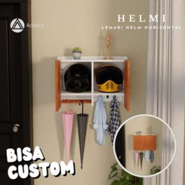 Adapta - Lemari Helm Horizontal 2 Pintu dan 2 Storage Tempel Dinding - Rak Helm dan Gantungan Kayu -