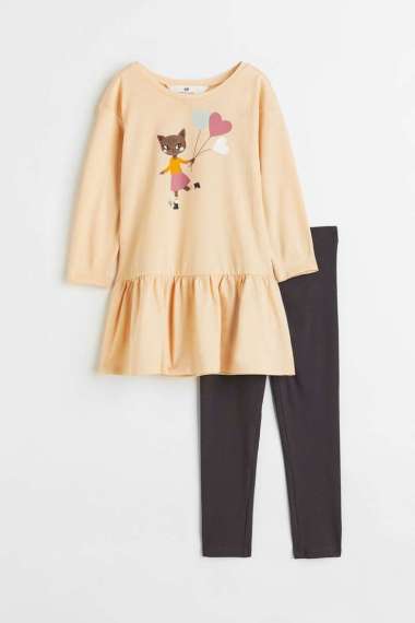H&M Kids Danny Dress Printed Cotton Jersey Set Beige Pakaian Anak (1068968002) 92