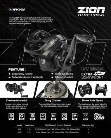 Reel Baitcasting Iroly Zion 8+1 BB Carbon Body Deep Spool