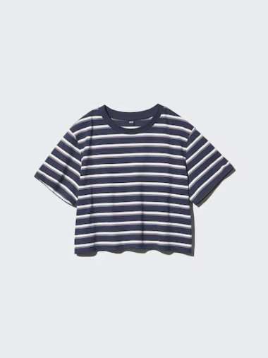 UNIQLO T-Shirt Crop Top motif Garis Crew Neck Wanita NAVY M