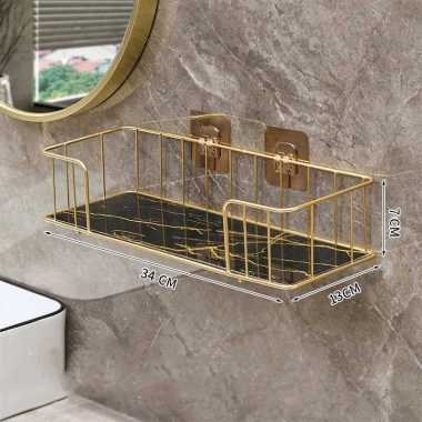 Rak Gantung Tempel Dinding Kamar Mandi Elegan Mewah Bahan Besi Warna Gold dan Alas Kaca WMO YUW01A H