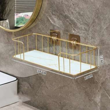 Rak Gantung Tempel Dinding Kamar Mandi Elegan Mewah Bahan Besi Warna Gold dan Alas Kaca WMO YUW01A P