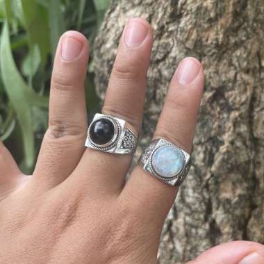 Cincin Ring Perak Silver bali 925 Daun Tali Air Etnik Antik Batu Natural Black Onyx Moonstone Jade G
