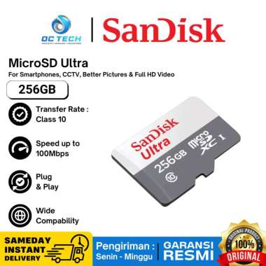 Memory Card Sandisk Ultra Micro SD 256GB 100Mbps Class 10 MicroSDXC Original Garansi Resmi