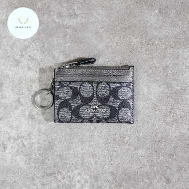 Coach Monogram Silver Zip Card Holder Keychain in Black