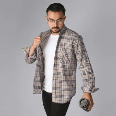 DGM Kemeja Pria Flanel Panjang Premium Kotak Kotak Kemeja Flanel Cream Putih 2651 XL