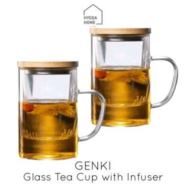 GENKI Gelas Saringan Teh Rempah Kopi Tutup Bambu Glass Tea Cup Infuser