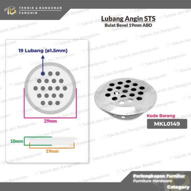 PENUTUP LUBANG ANGIN VENTILASI UDARA PLAT HAWA BULAT STAINLESS STEEL LEMARI KABINET BEVEL ABD 19mm