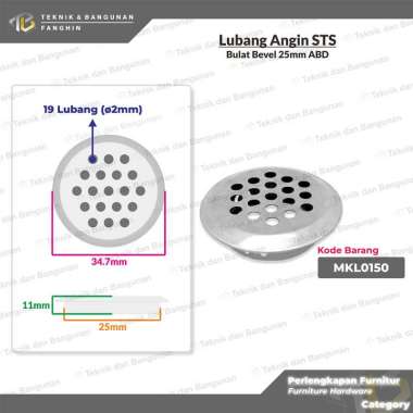 PENUTUP LUBANG ANGIN VENTILASI UDARA PLAT HAWA BULAT STAINLESS STEEL LEMARI KABINET BEVEL ABD 25mm