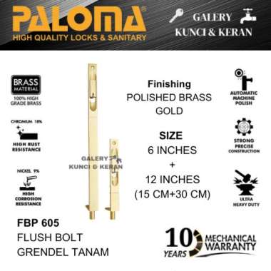 PALOMA FBP 605 Flush Bolt Grendel Tanam Slot Pintu SABRINA 6"+12" Polished Brass Gold